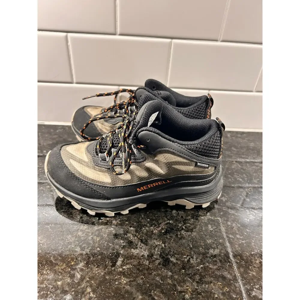 Merrell Kids Black and Gray Waterproof Hiking Boots with Orange Accents